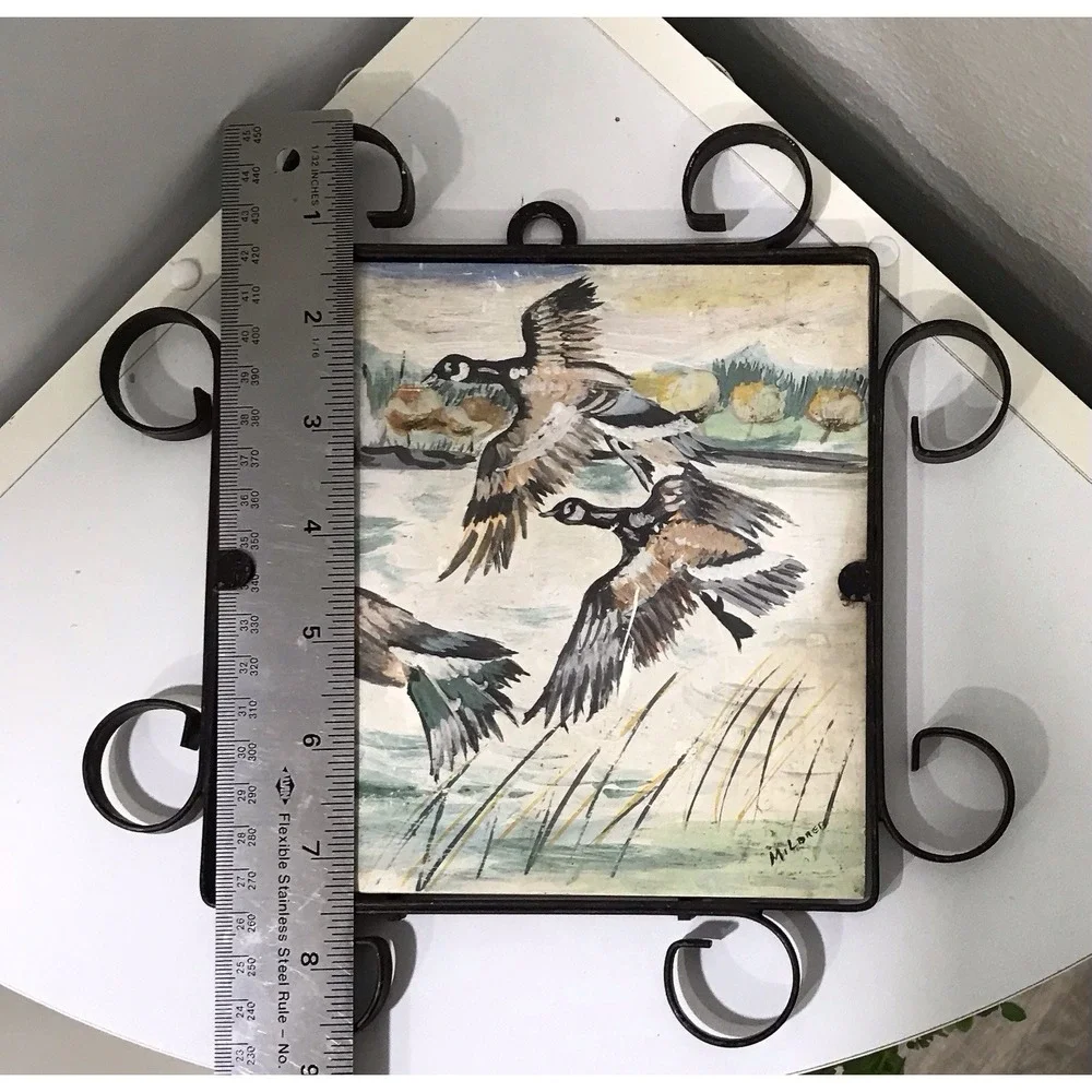 Vintage Geese Birds Tile Trivet Plaque Hand Paint Metal Scroll Frame Cabin Core